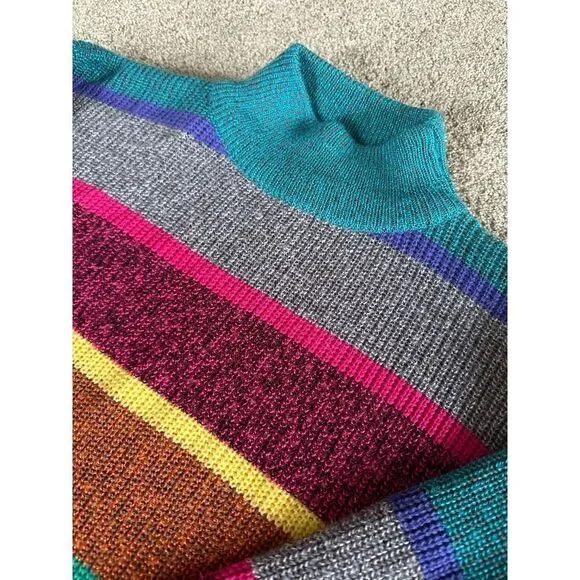 Vintage 80's Here is a Hug High Neck Sweater Rainbow Stripes size LARGE - Picture 5 of 10